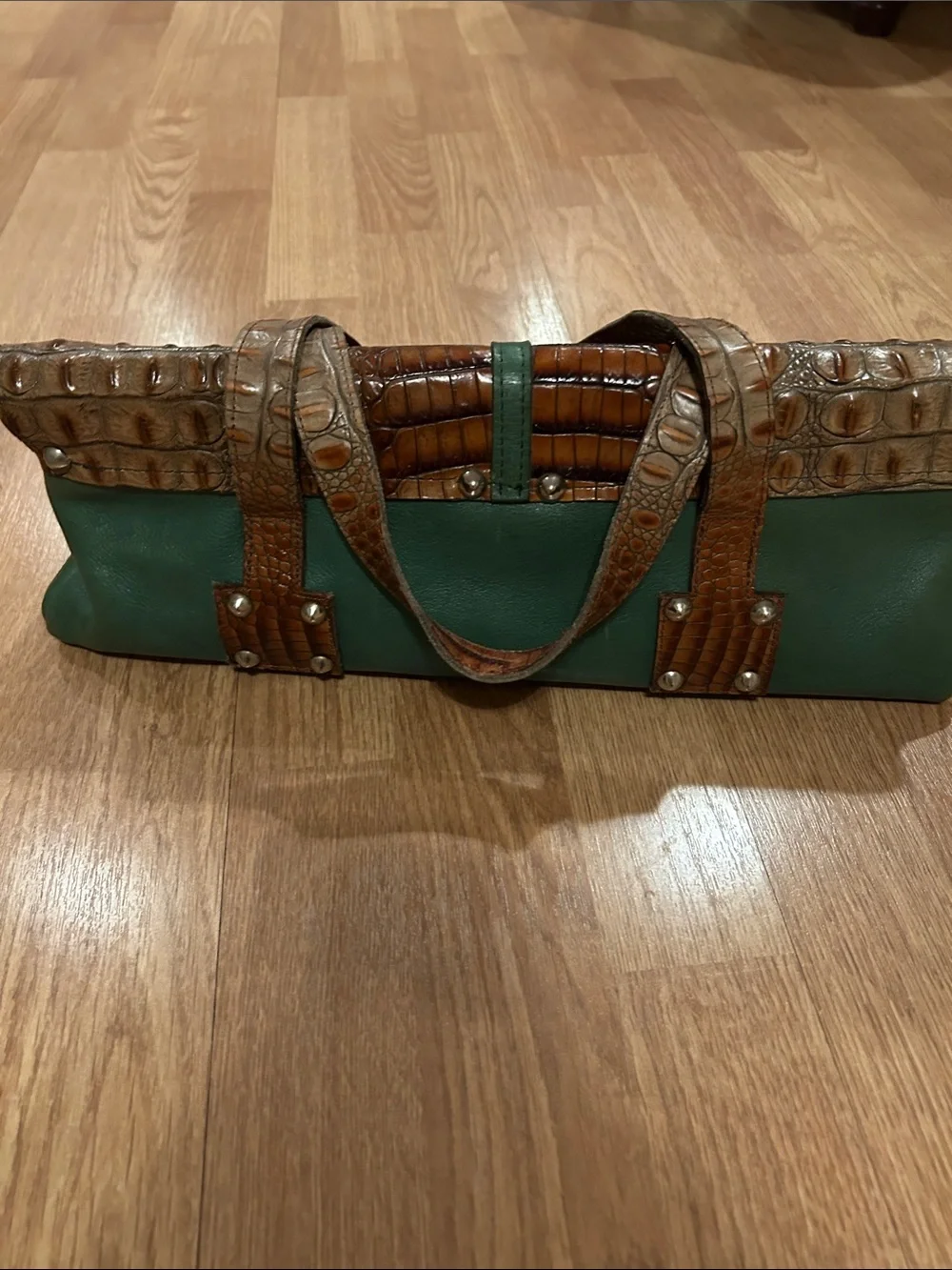 Green Leather Satchel with Brown Croc-Accent Trim